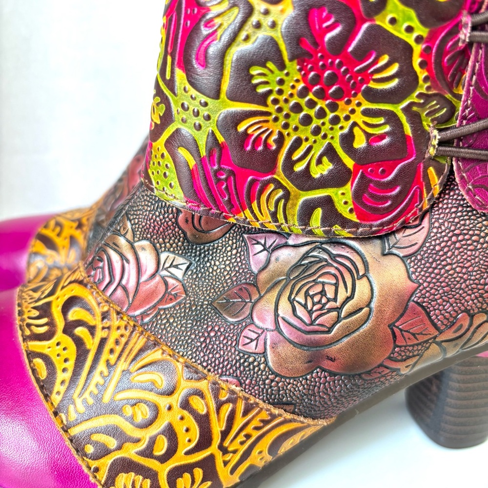 Gorgeous Handmade Multicolor Tooled Leather Floral Med Heel Ankle Boots 38 - Picture 4 of 14